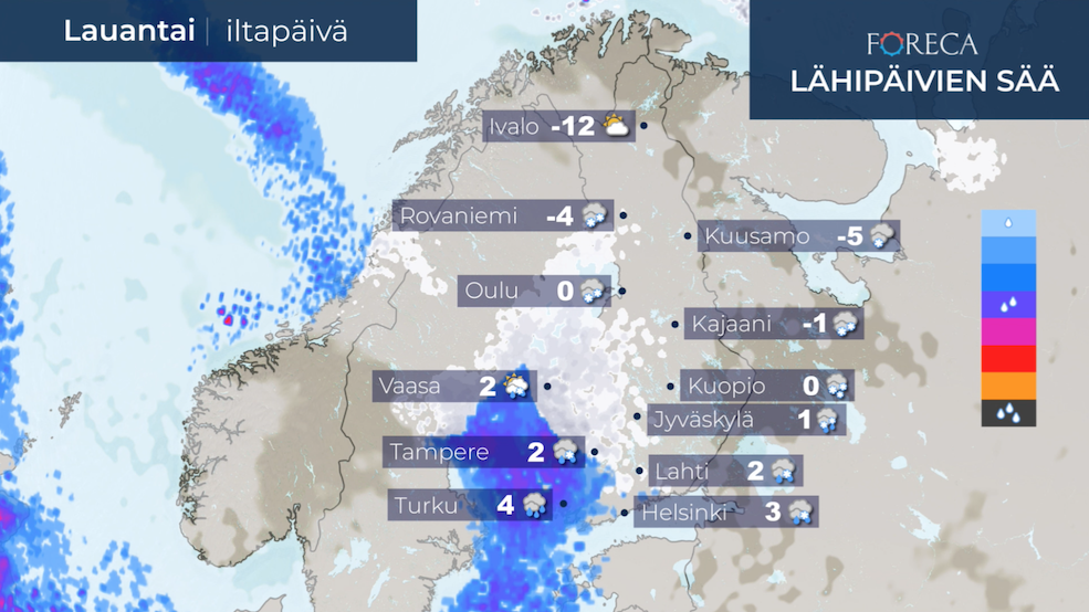 Lumi- ja vesisateet huonontavat ajokeliä talvilomien menoliikenteessä lauantaina.